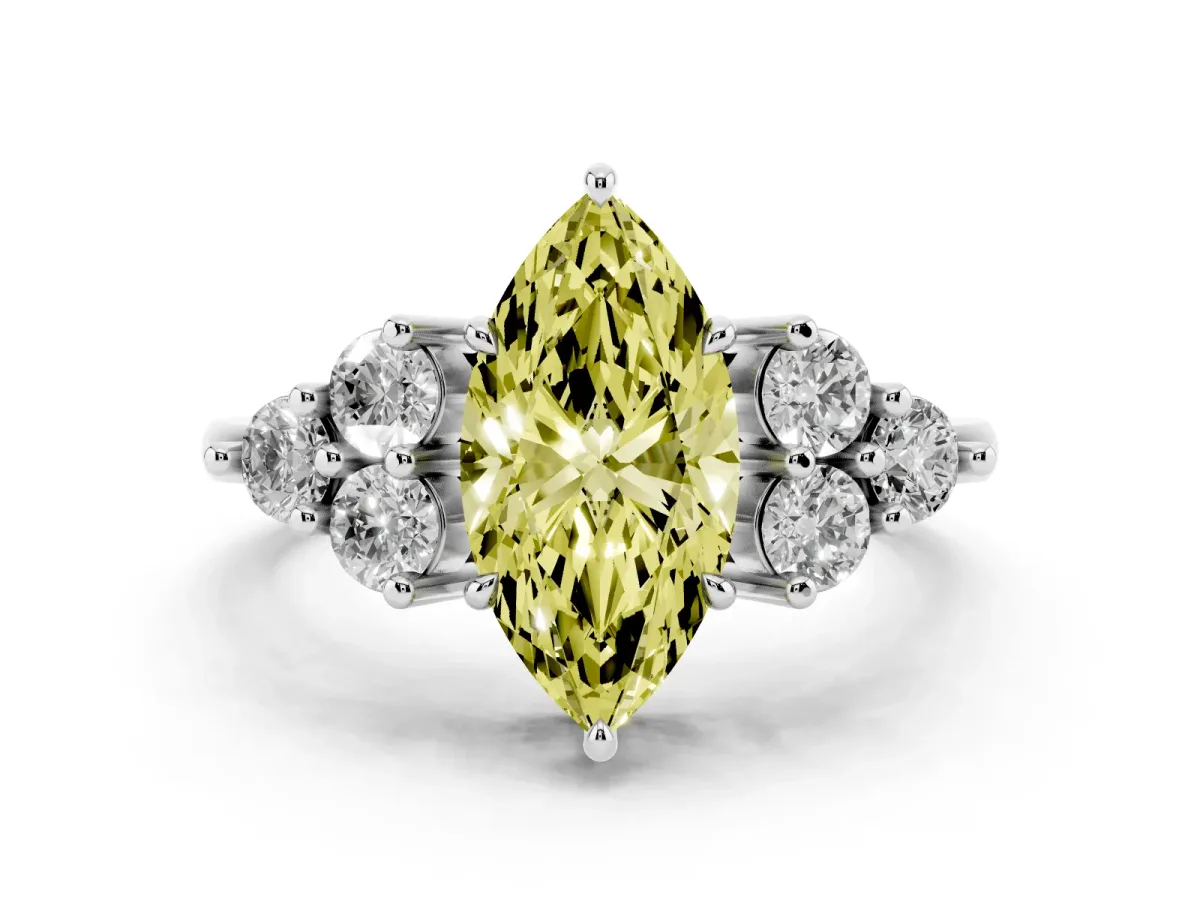 Fancy Yellow Marquise Cut Diamond Solitaire Ring Set in Platinum with Cluster Accents on Each Side
