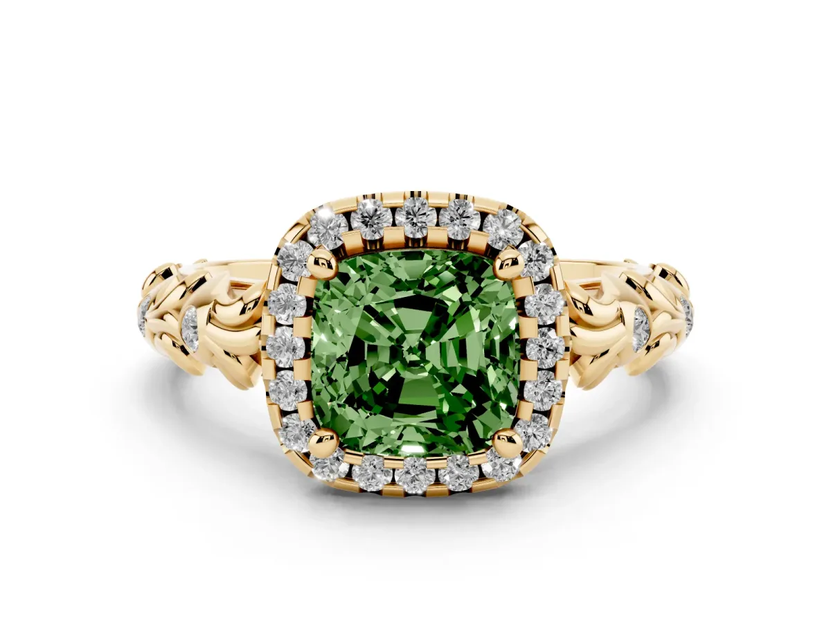 Fancy Green Cushion Cut Diamond Halo Ring Set in Yellow gold with Filigree Leaf Band and Prong Setting