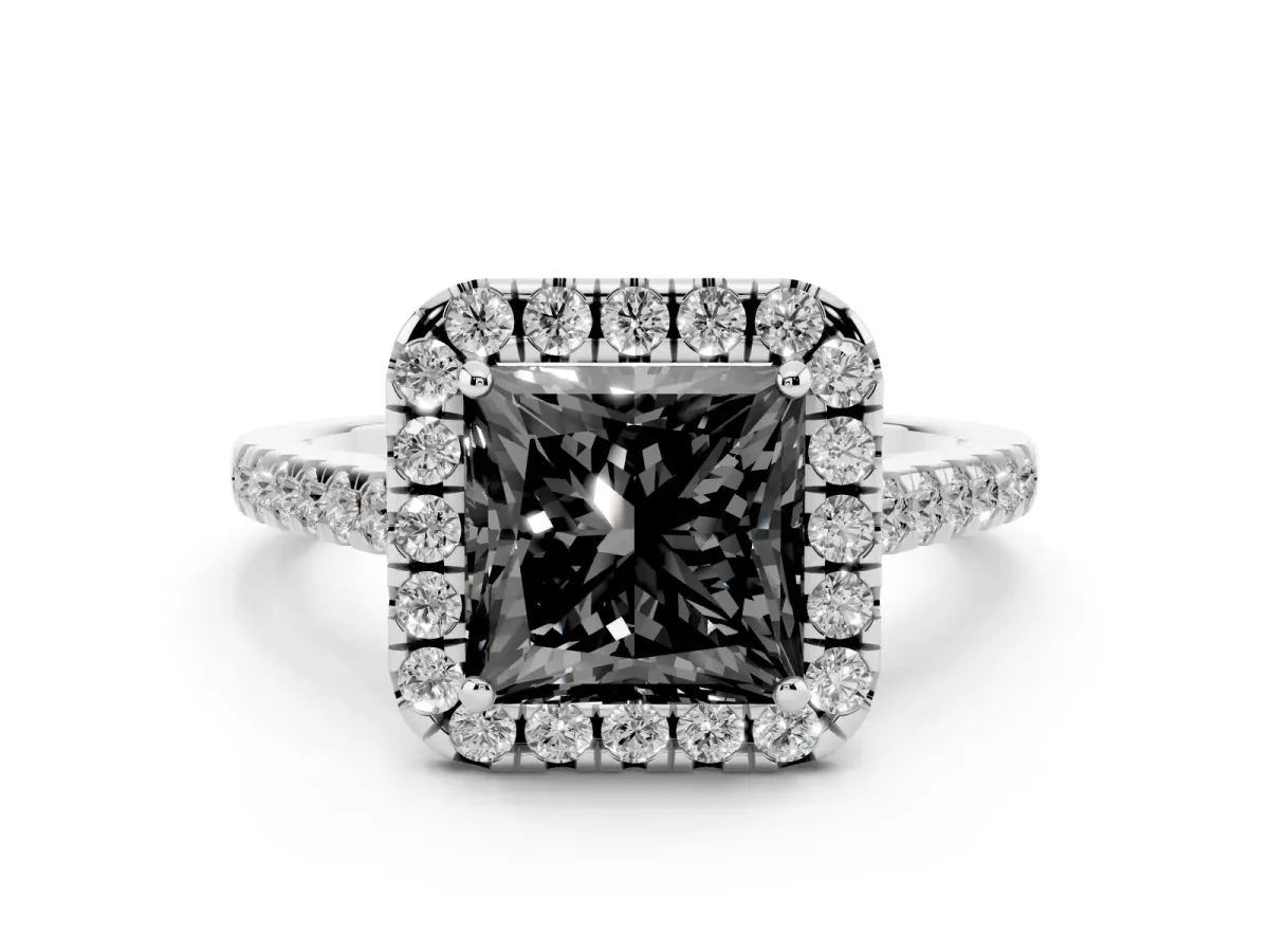 Fancy Black Princess Cut Diamond Halo Pavé Engagement Ring Set in Silver with Prong Setting
