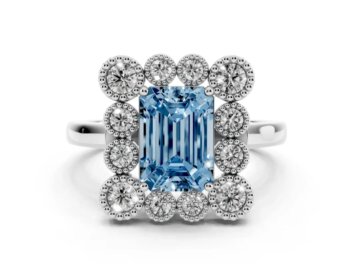 Fancy Blue Emerald Cut Diamond Cluster Halo Ring Set in Silver with Milgrain Bezel Accents and Plain Band