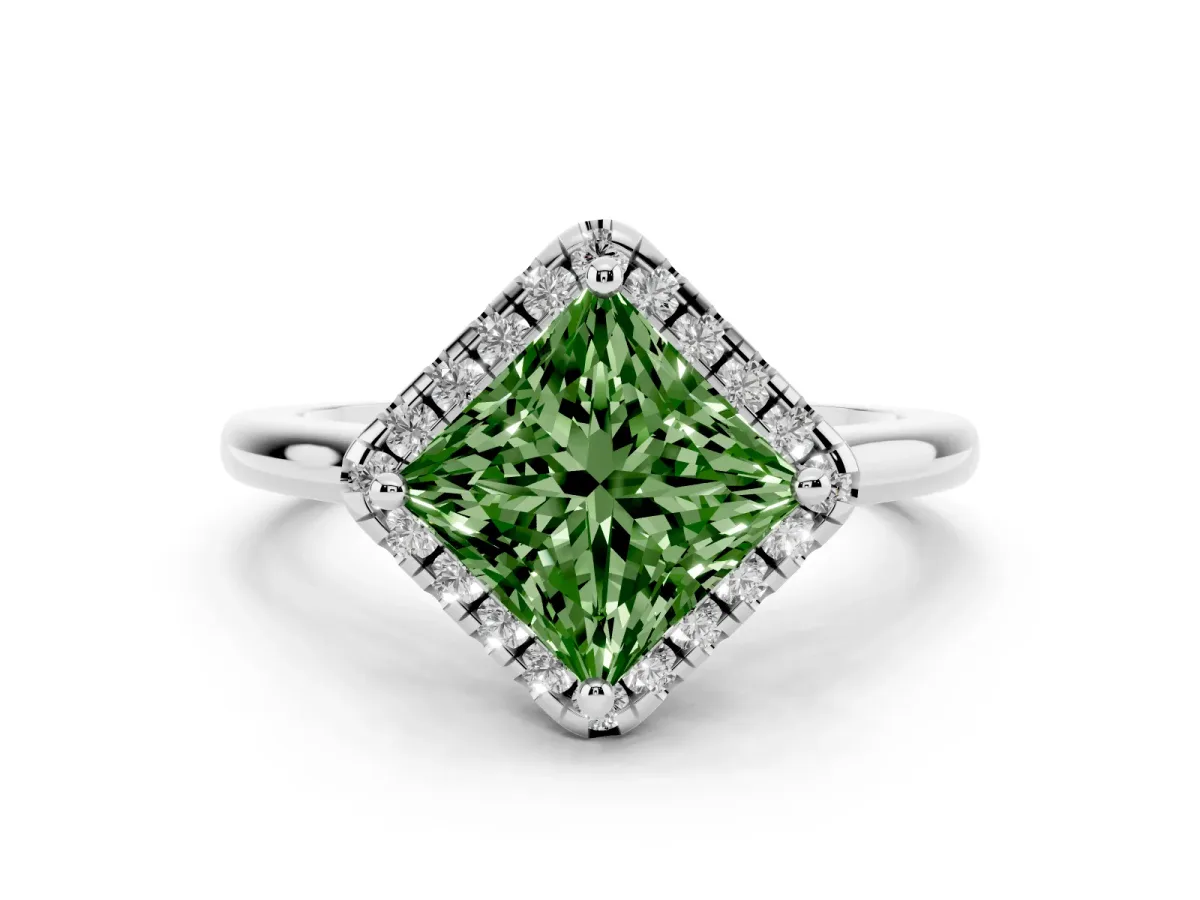 Fancy Green Princess Cut Diamond Halo Engagement Ring Set in Platinum with Pavé Band and Rising Shoulders