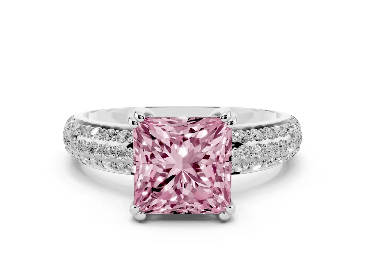 Fancy Pink Princess Cut Diamond Solitaire Ring Set in White gold with Multi-Row Round Pavé Band and Prong Setting
