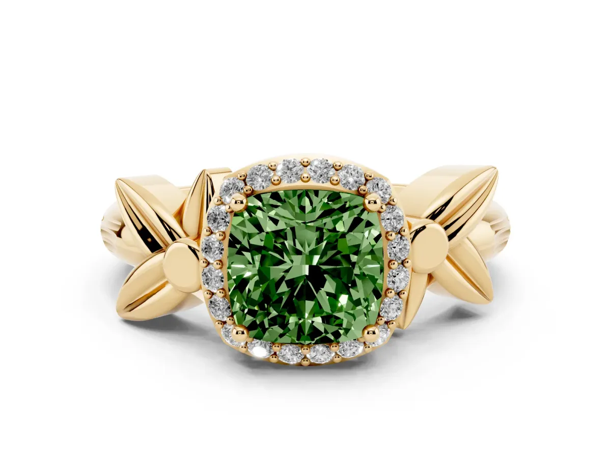 Fancy Green Cushion Cut Diamond Halo Floral Band Ring Set in Yellow gold with Prong Setting