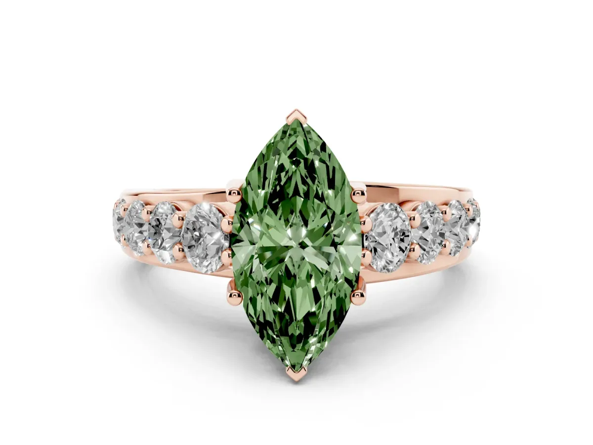 Fancy Green Marquise Cut Diamond Pavé Engagement Ring Set in Rose gold with Prong Setting