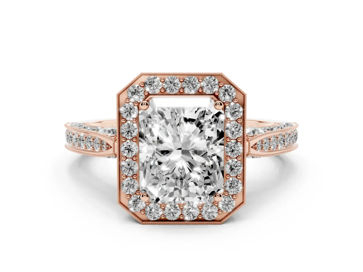 Radiant Cut Diamond Halo Engagement Ring Set in Rose gold with Accent Split Shank Band