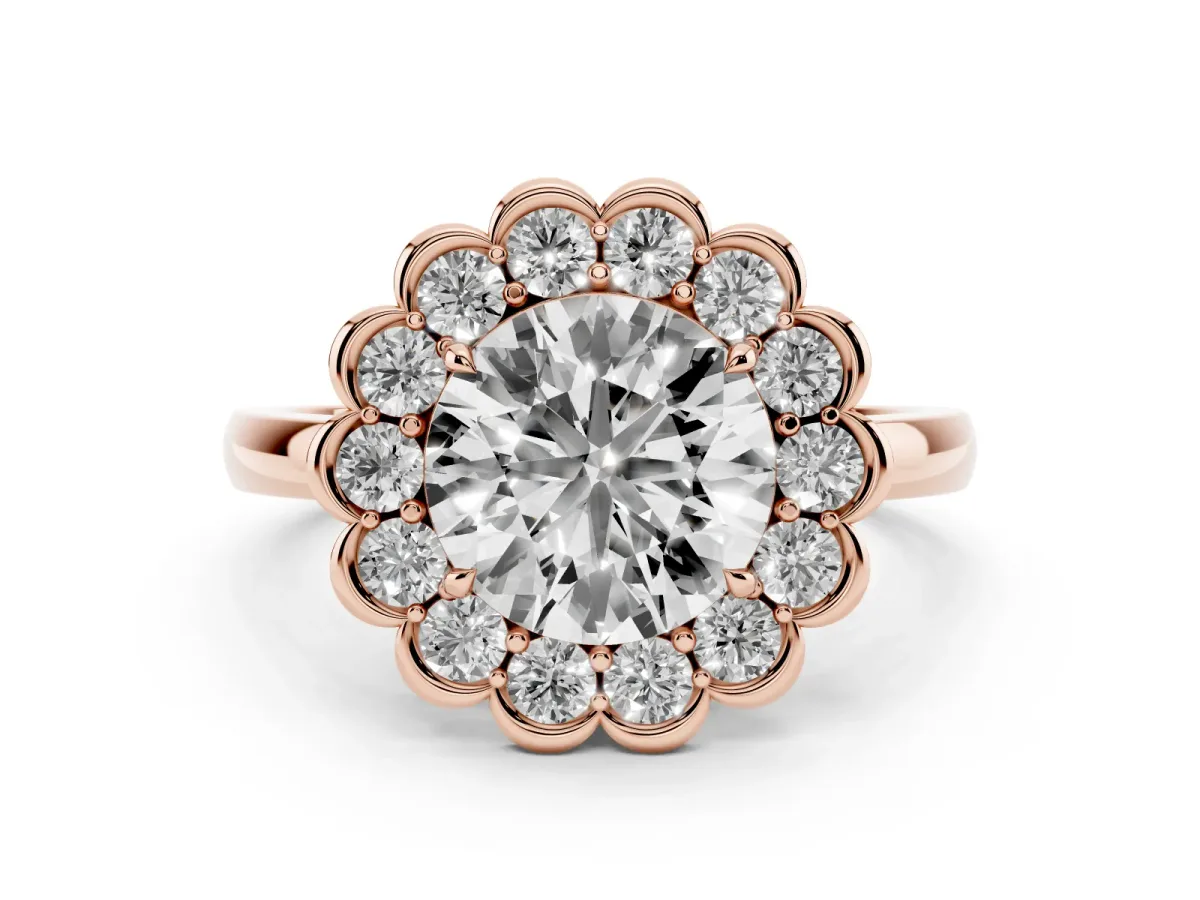 Round Cut Diamond Halo Cluster Engagement Ring Set in Rose gold with Solitaire Band and Prong Setting