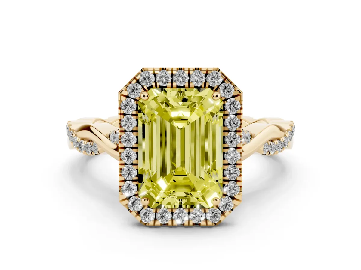 Fancy Yellow Emerald Cut Diamond Halo Twist Band Solitaire Ring Set in Yellow gold with Prong Setting