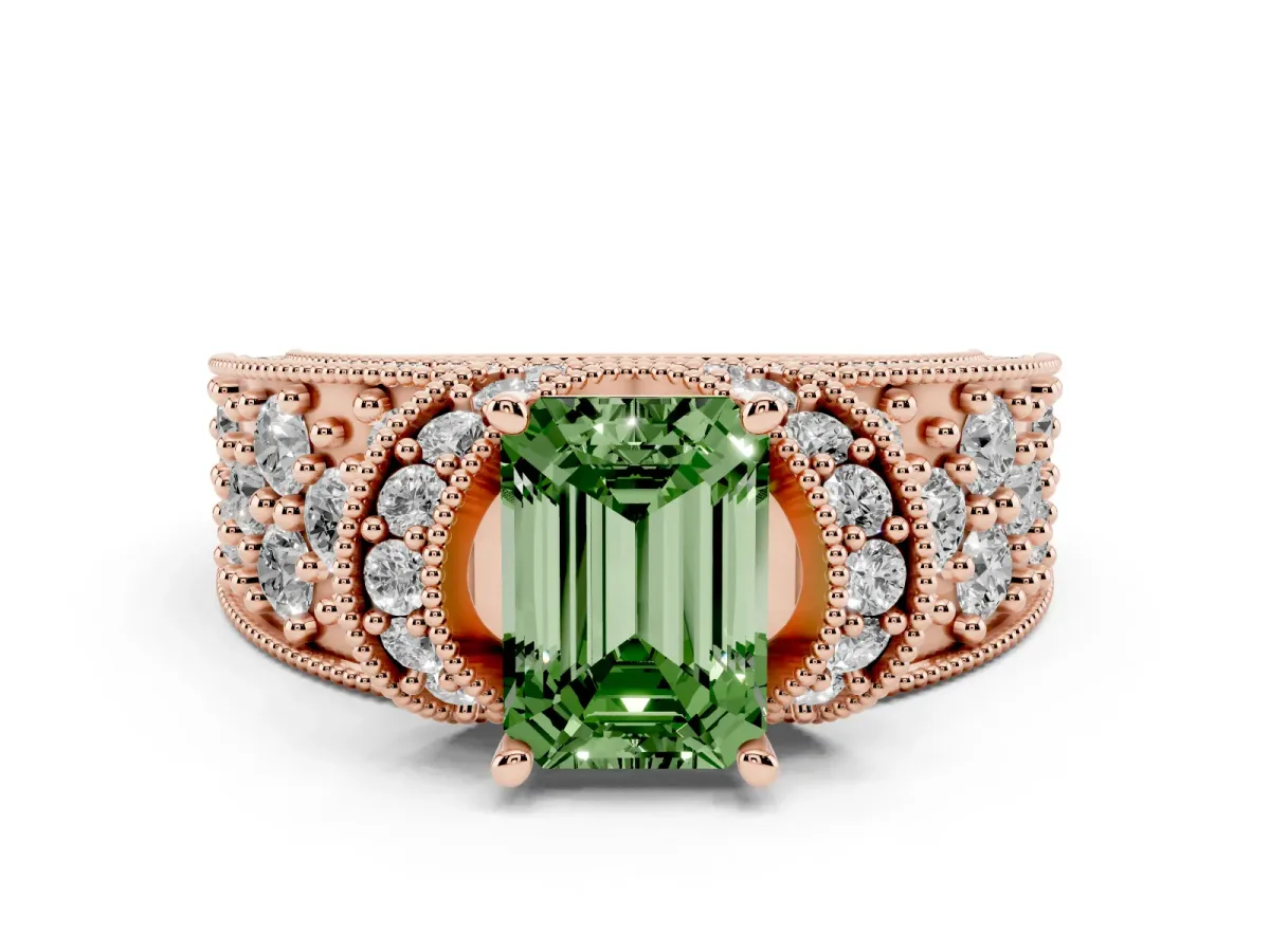 Fancy Green Emerald Cut Diamond Milgrain Halo Pavé Engagement Ring Set in Rose gold with Prong Setting