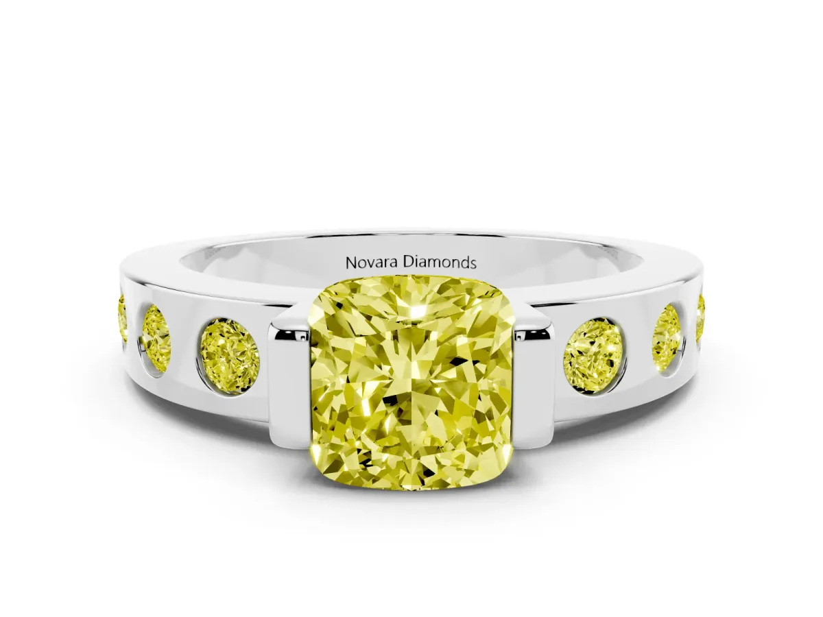 Fancy Yellow Cushion Cut Diamond Channel-Set Band Ring Set in Silver with Bezel Prong Setting