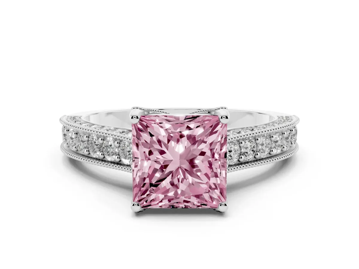 Fancy Pink Princess Cut Diamond Solitaire Ring Set in Silver with Milgrain-Edged Pavé Band and Prong Setting