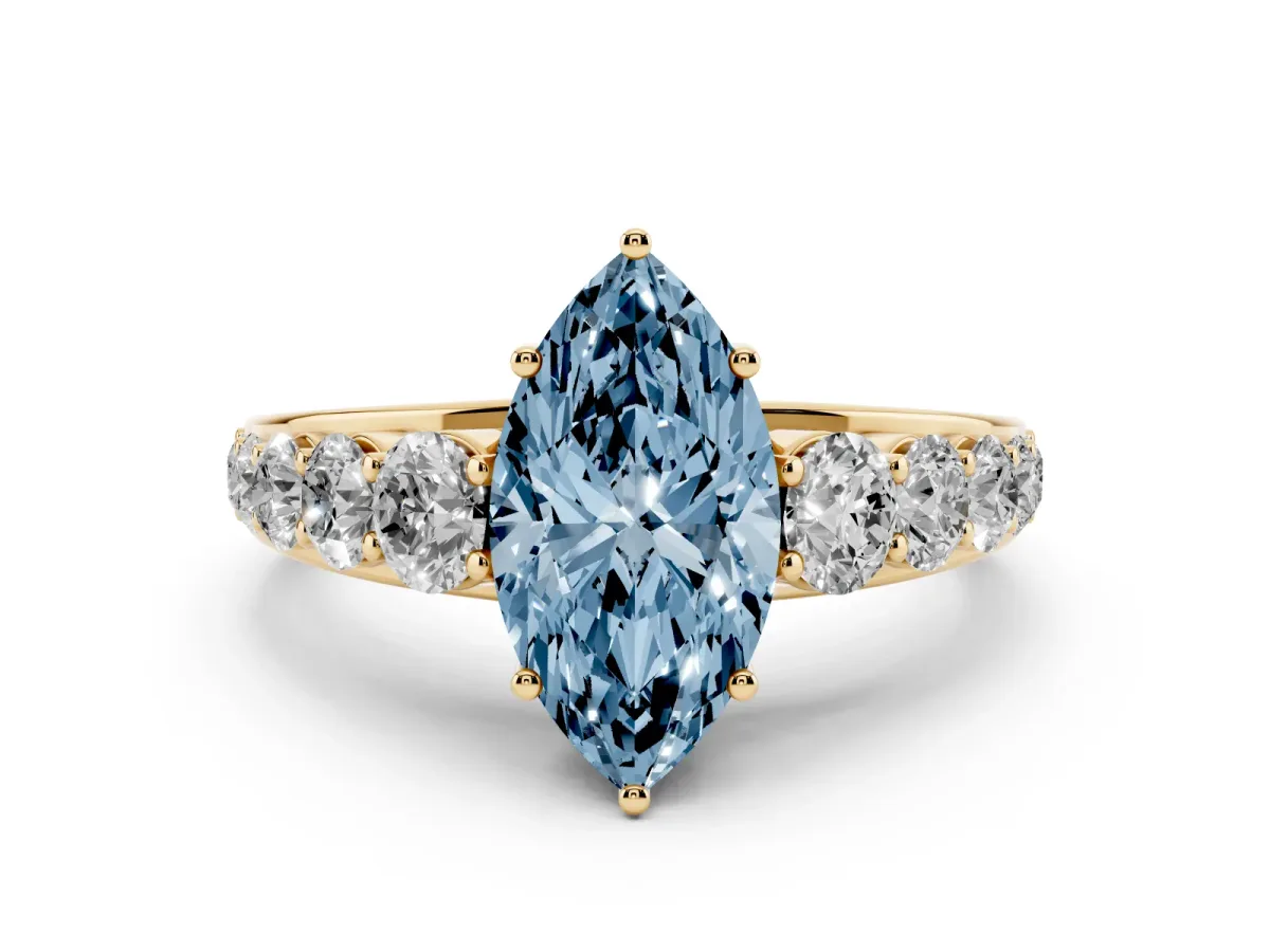 Fancy Blue Marquise Cut Diamond Solitaire Ring Set in Yellow gold with Pavé-Set Band and Prong Setting