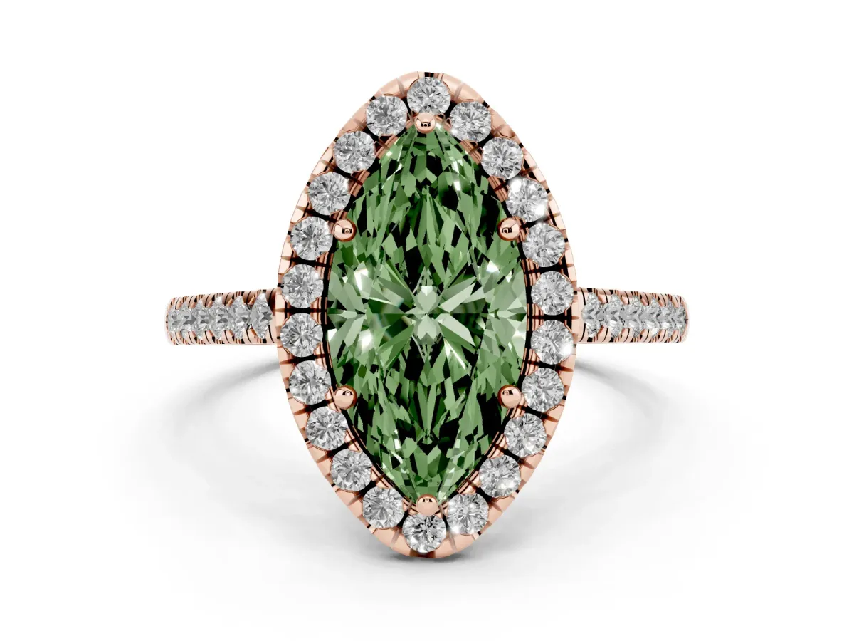 Fancy Green Marquise Cut Diamond Pavé Halo Engagement Ring Set in Rose gold with Pavé Band and Prong Setting