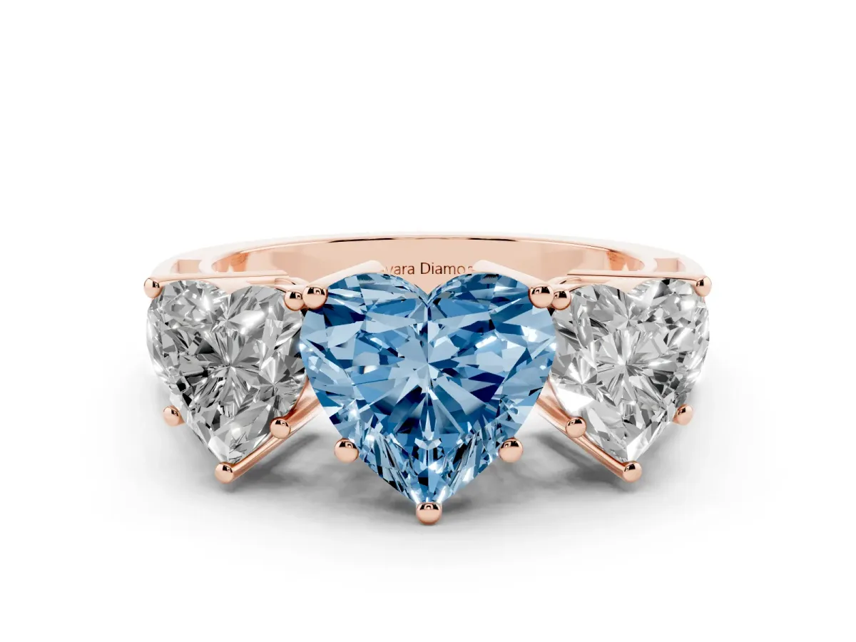 Fancy Blue Heart Cut Diamond Three-Stone Ring Set in Rose gold with Textured Band