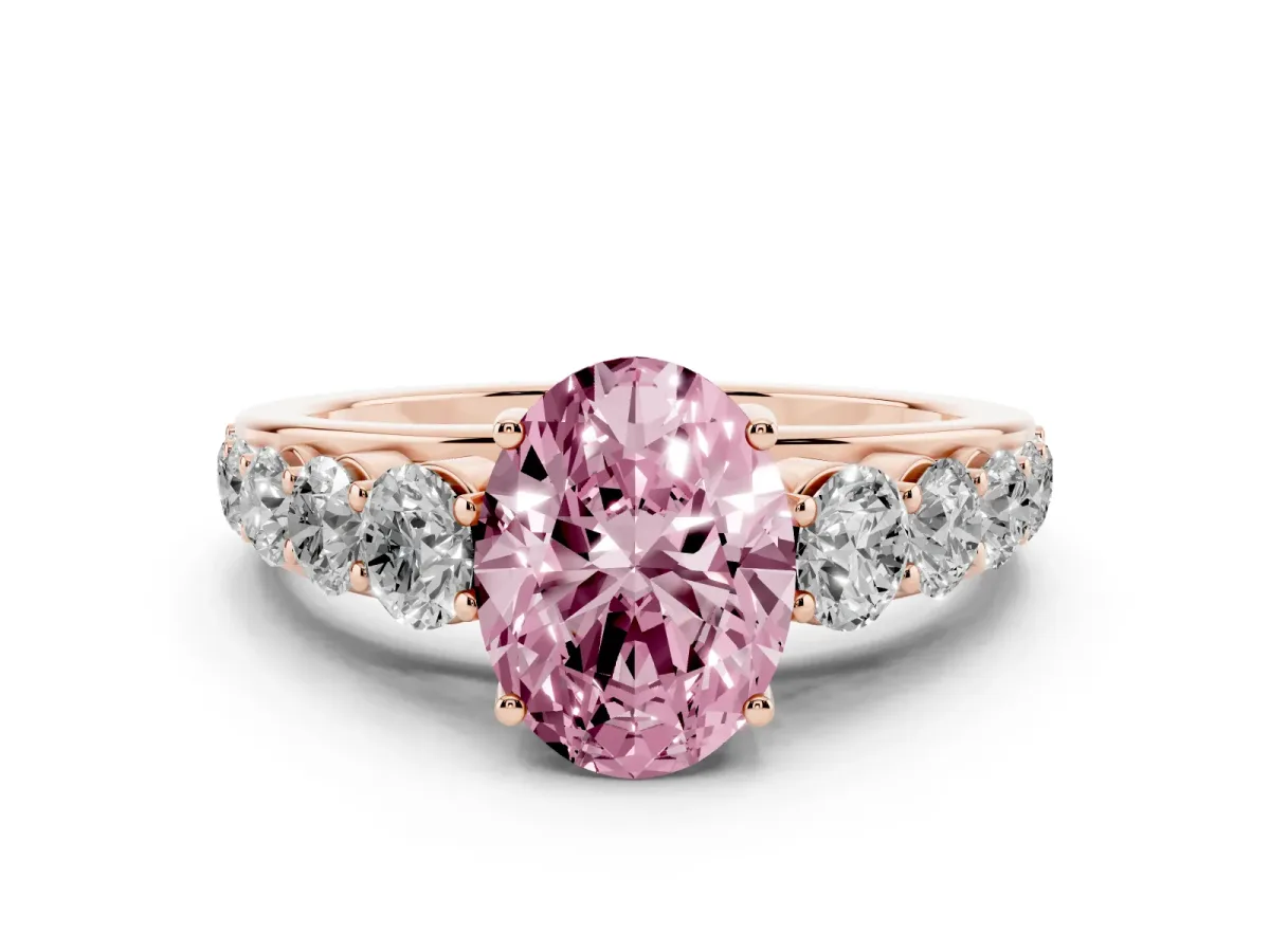 Fancy Pink Oval Cut Diamond Solitaire Ring Set in Rose gold with Pavé-Set Band and Prong Setting