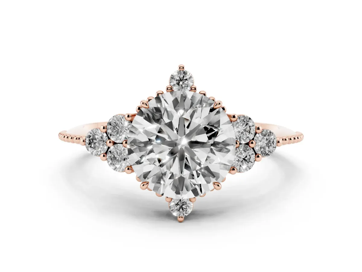 Round Cut Diamond Cluster Ring Set in Rose gold with Beaded Band