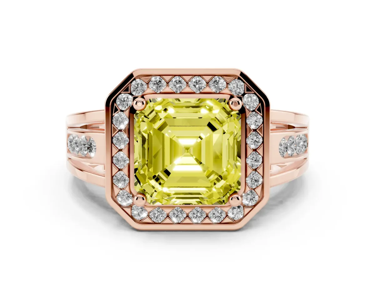 Fancy Yellow Asscher Cut Diamond Halo Ring Set in Rose gold with Pavé and Bezel Accent Split Shank