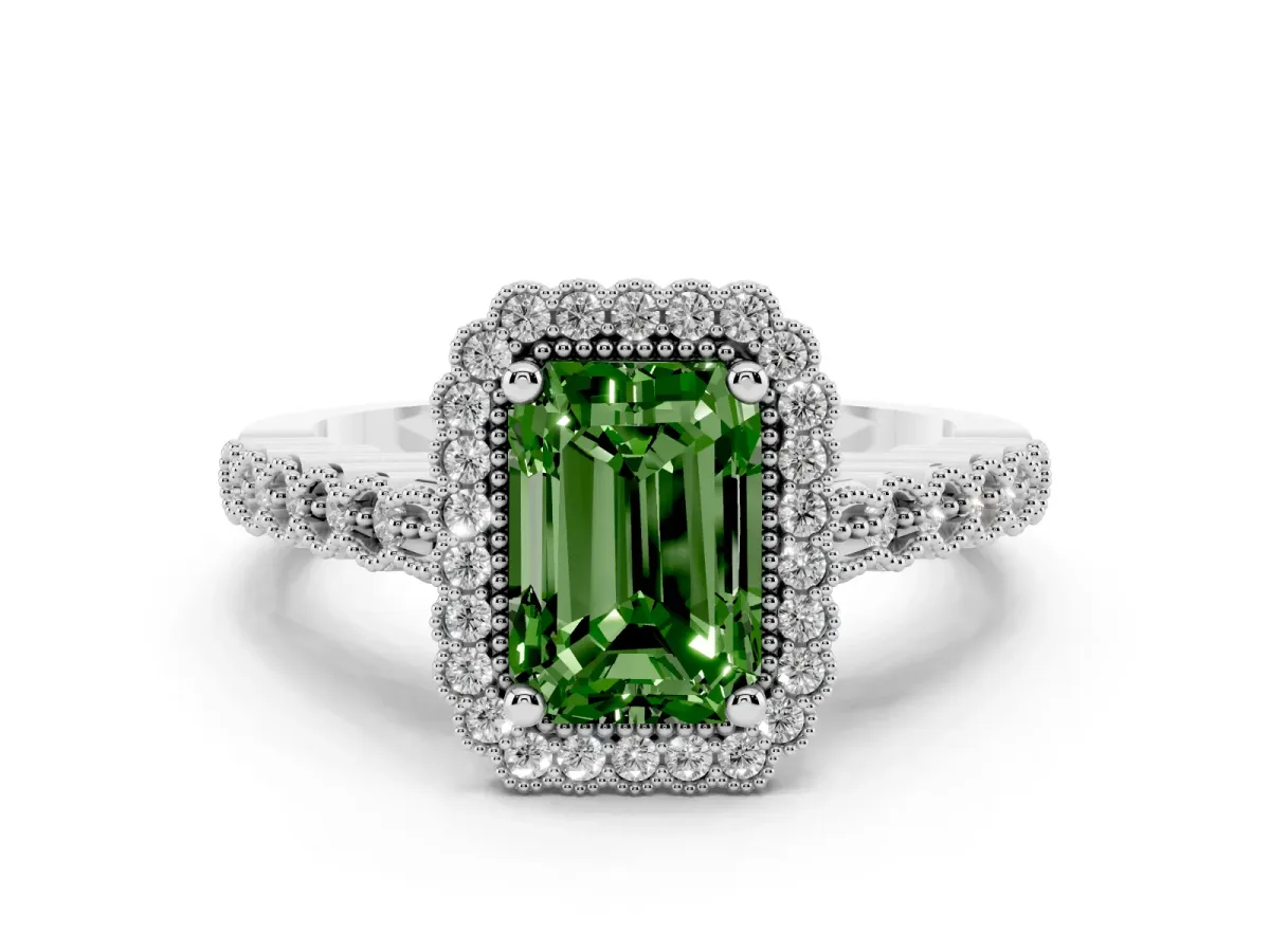 Fancy Green Radiant Cut Diamond Halo Ring Set in Silver with Pavé Milgrain Band