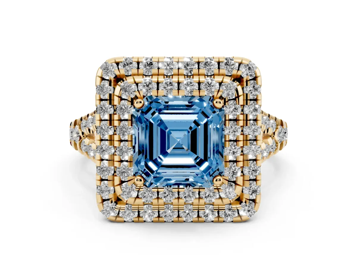 Fancy Blue Asscher Cut Diamond Double Halo Ring Set in Yellow gold with Pavé Split Shank and Prong Setting