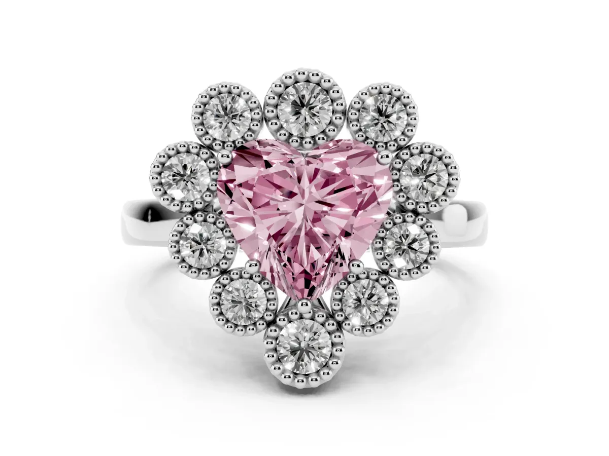 Fancy Pink Heart Cut Diamond Cluster Halo Ring Set in Platinum with Milgrain Bezel Accents and Plain Band