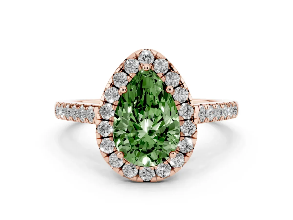 Fancy Green Pear Cut Diamond Halo Pavé Engagement Ring Set in Rose gold with Prong Setting