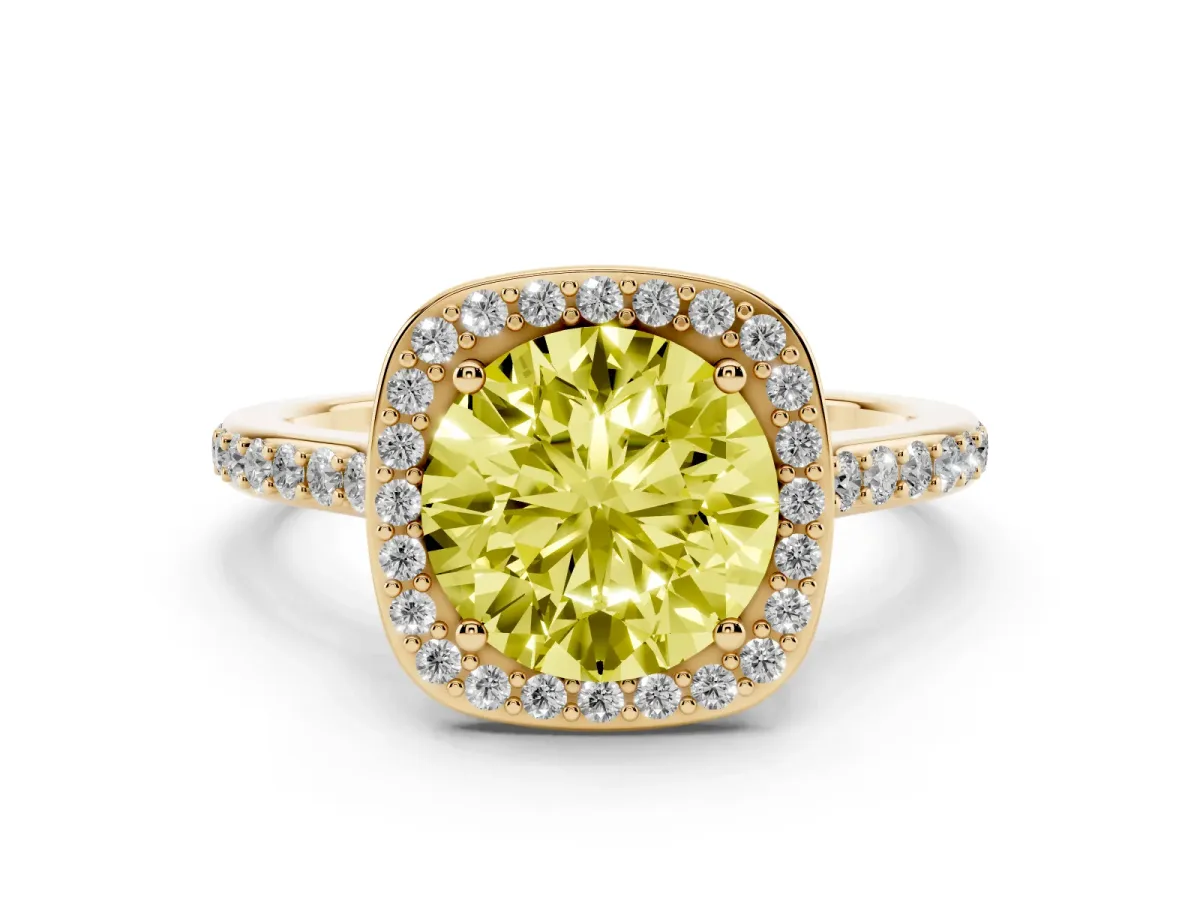 Fancy Yellow Round Cut Diamond Halo Engagement Ring Set in Yellow gold with Round Pavé Shoulders and Heart Gallery