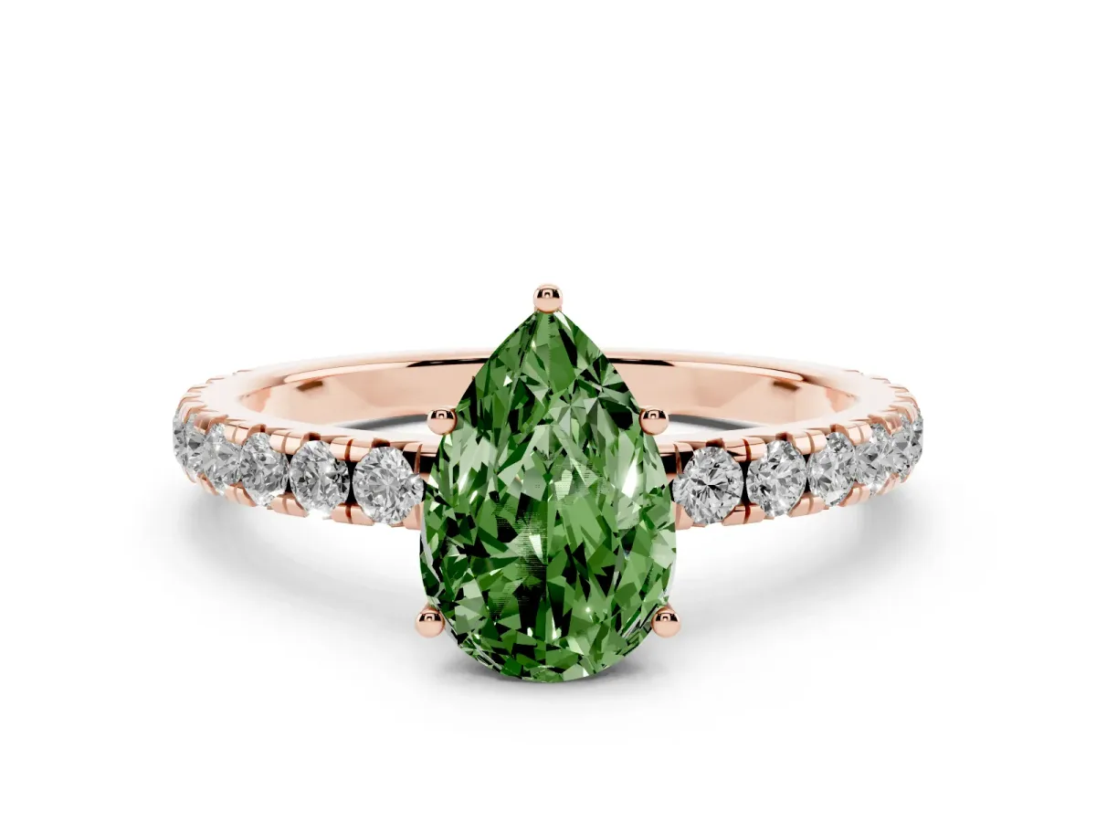 Fancy Green Pear Cut Diamond Pavé Solitaire Engagement Ring Set in Rose gold with Prong Setting