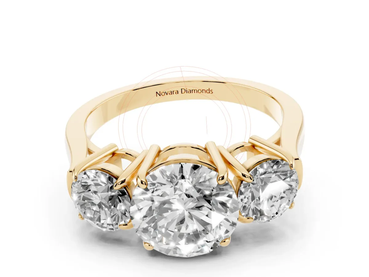 Round Cut Diamond Three-Stone Ring Set in Yellow gold with Round Accent Stones and Plain Band