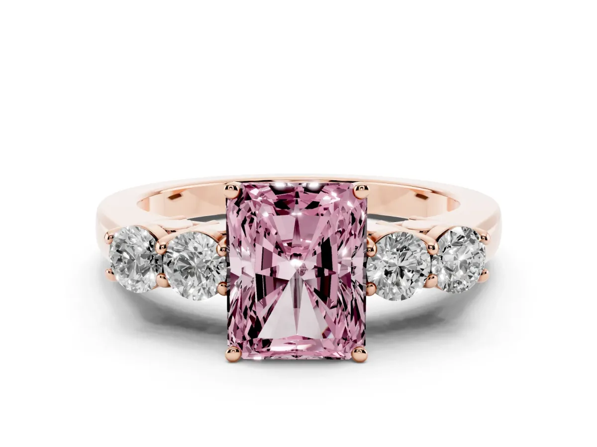 Fancy Pink Radiant Cut Diamond Five-Stone Prong Set Band Ring Set in Rose gold with Polished Band