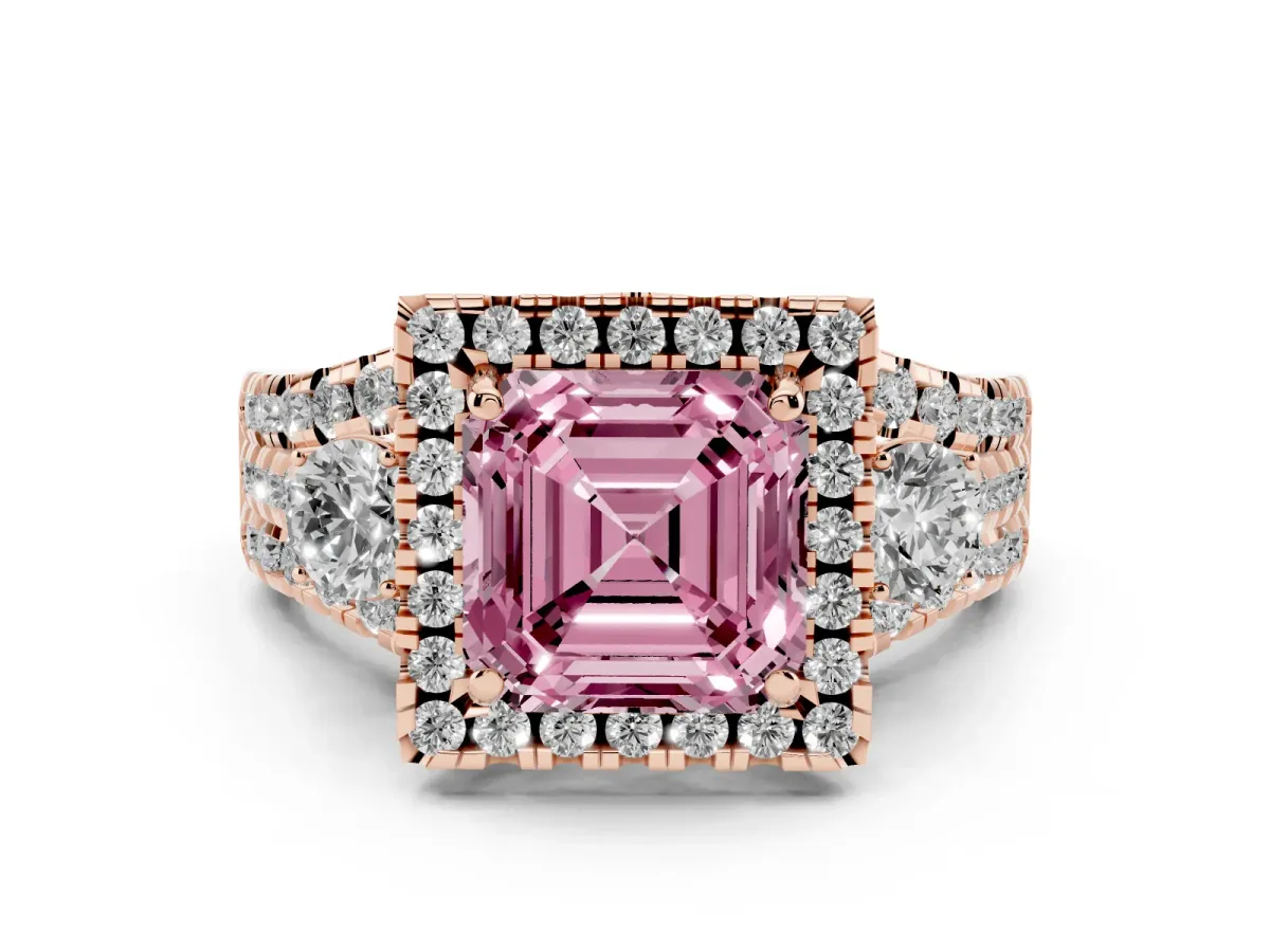 Fancy Pink Asscher Cut Diamond Halo Split Shank Ring Set in Rose gold with Round Accent Stones and Prong Setting