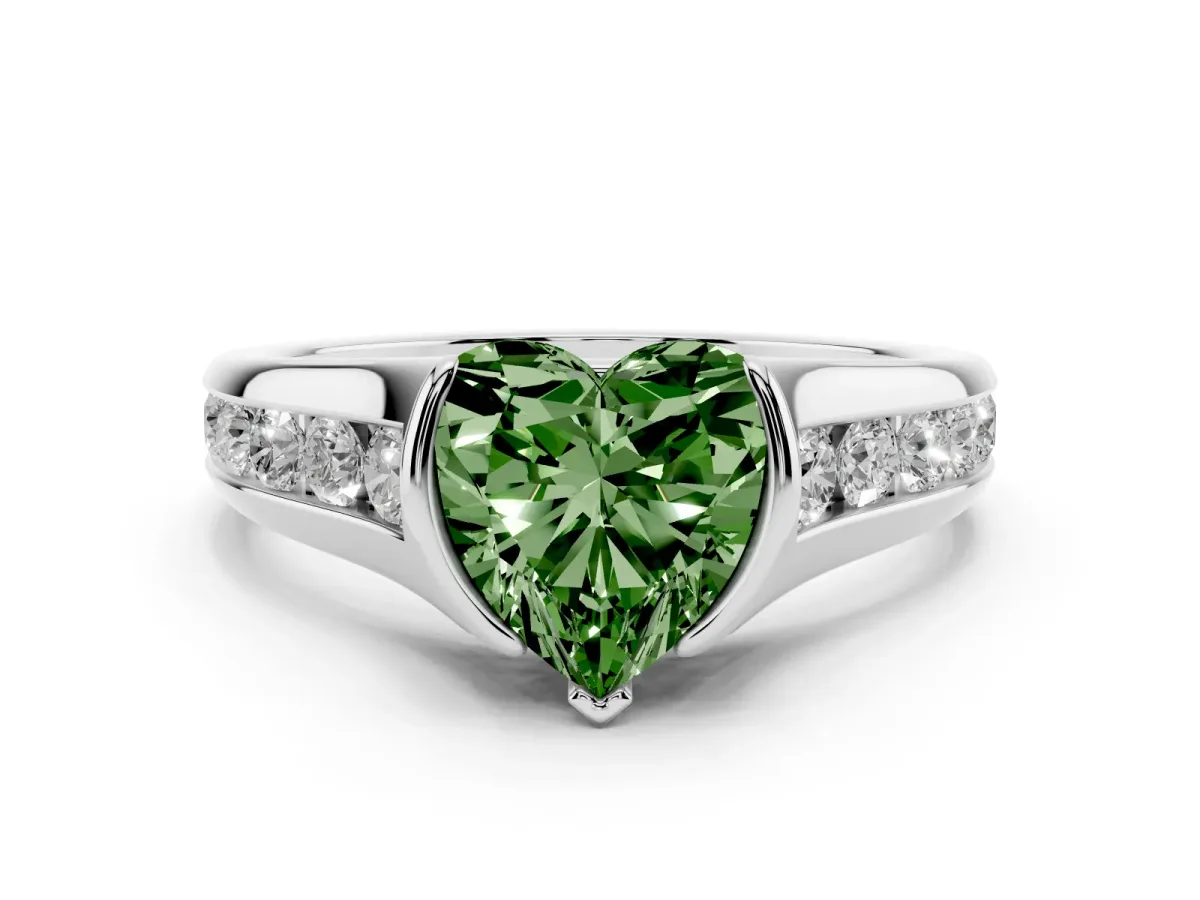Fancy Green Heart Cut Diamond Bezel-Set Solitaire Ring Set in Platinum with Channel-Set Band