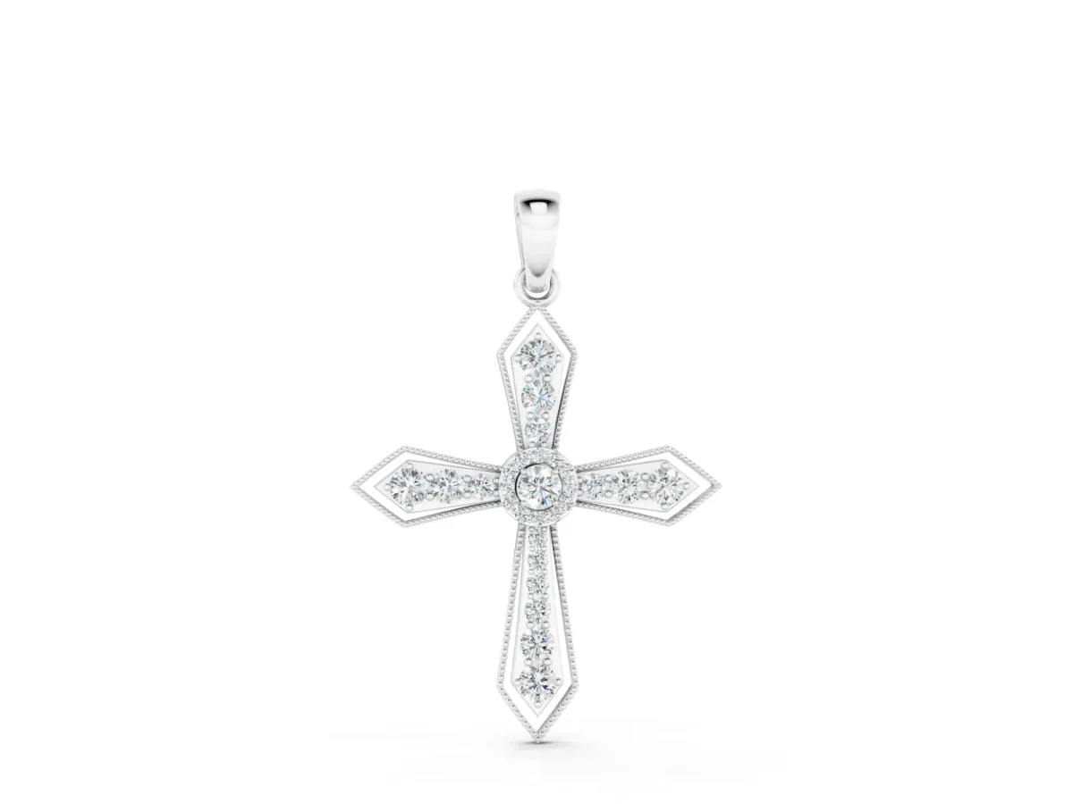 Round Diamond Milgrain Cross Pendant Set in Silver with Bezel-Set Stones