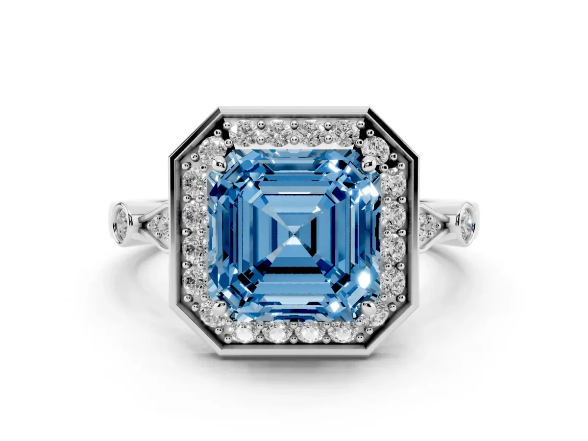 Fancy Blue Asscher Cut Diamond Halo Engagement Ring Set in White gold with Twisted Band and Prong Setting