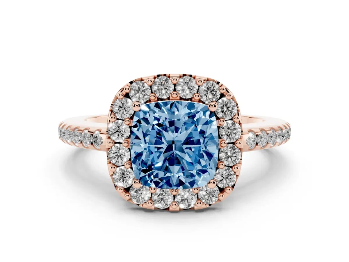 Fancy Blue Cushion Cut Diamond Pavé Halo Ring Set in Rose gold with Prong Setting