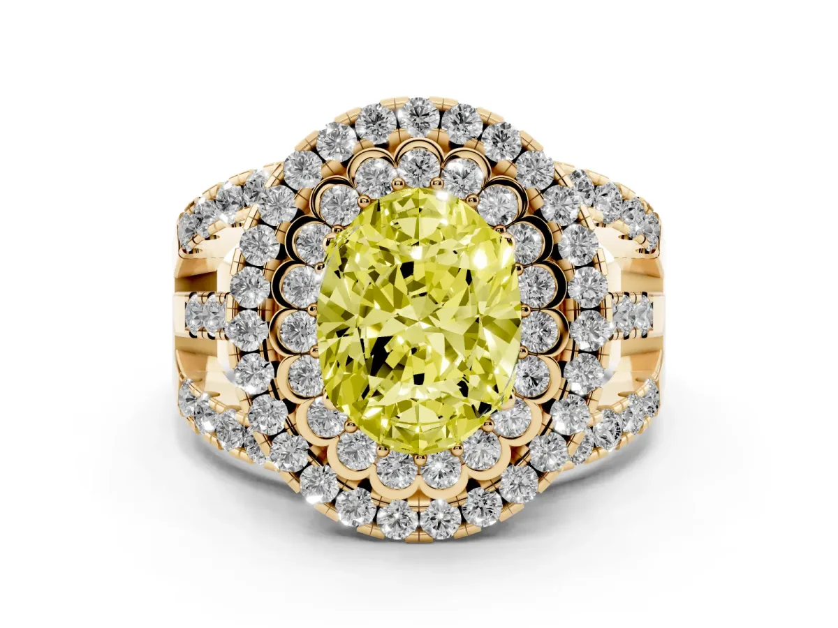 Fancy Yellow Oval Cut Diamond Double Halo Ring Set in Yellow gold with Round Pavé Split Shank