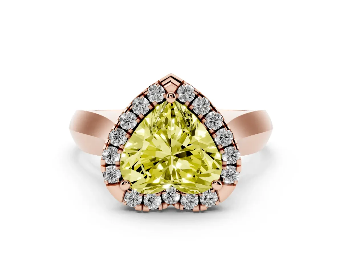 Fancy Yellow Heart Cut Diamond Halo Solitaire Engagement Ring Set in Rose gold with Square Band and Prong Setting