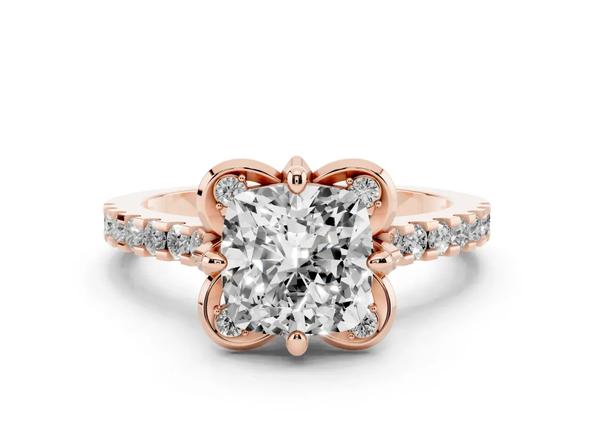 Cushion Cut Diamond Solitaire Ring Set in Rose gold with Pavé Band and Floral Prong Setting