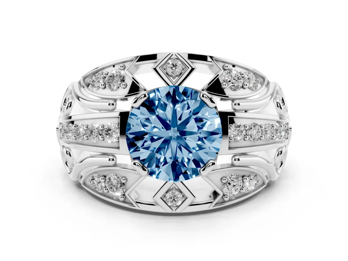 Fancy Blue Round Cut Diamond Art Deco Ring Set in Silver with Pavé Split Shank