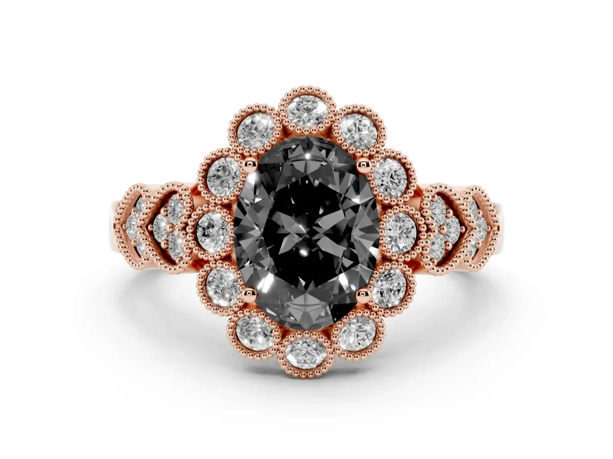 Fancy Black Oval Cut Diamond Solitaire Ring Set in Rose gold with Milgrain Pavé Heart Band
