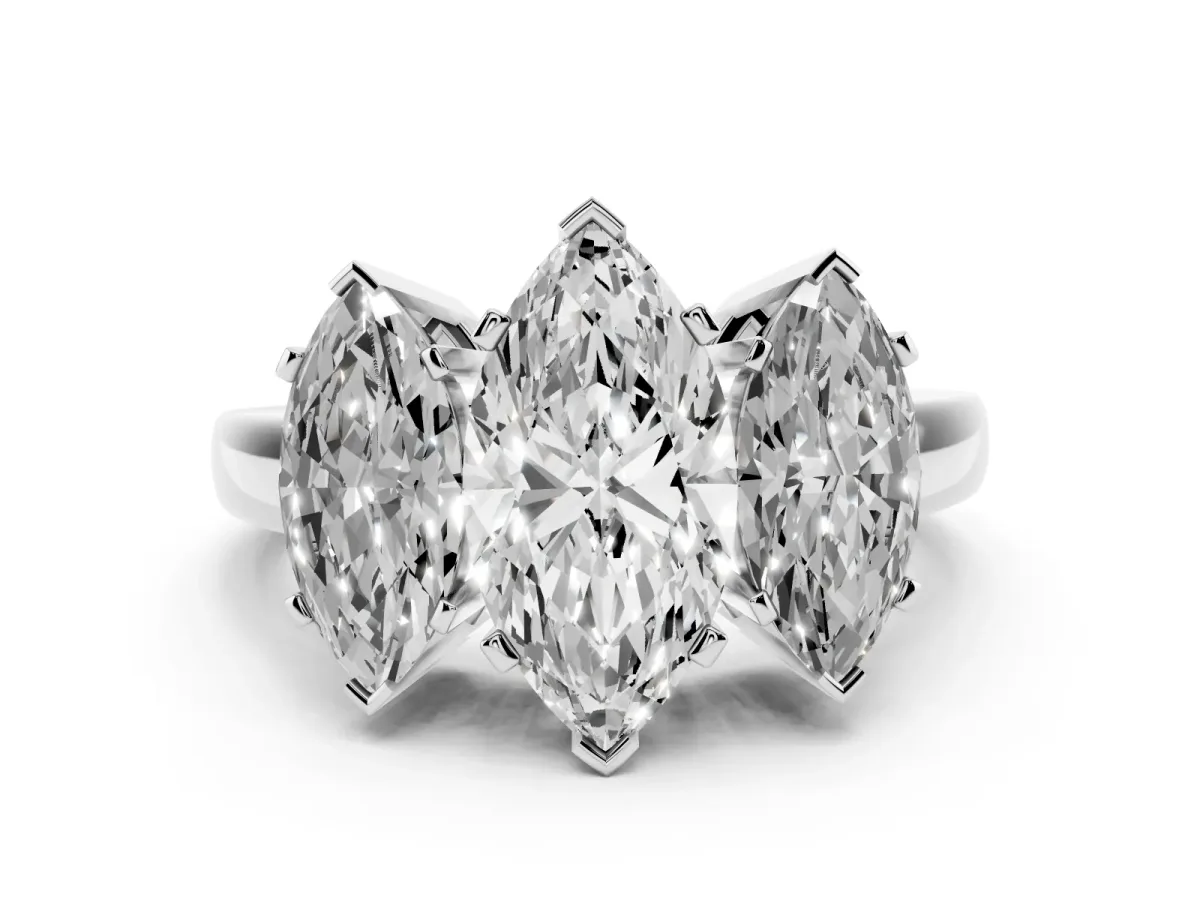 Marquise Cut Diamond Three-Stone Ring Set in Platinum with Channel-Set Band and Prong Settings
