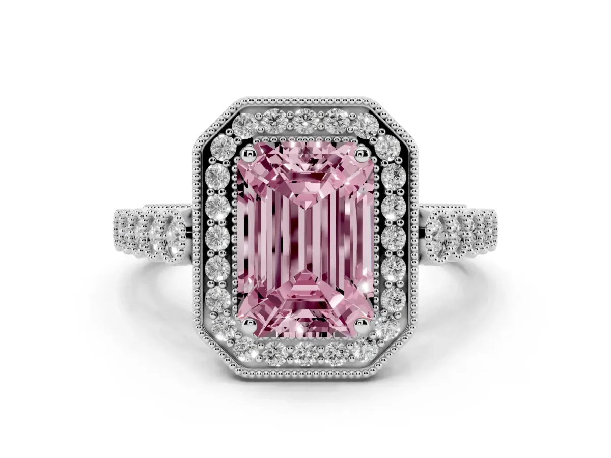 Fancy Pink Emerald Cut Diamond Milgrain Halo Solitaire Ring Set in White gold with Bezel Set Side Stones and Pavé Band