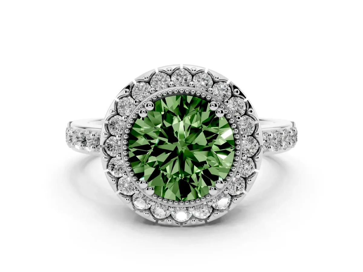 Fancy Green Round Cut Diamond Halo Ring Set in White gold with Pavé Shank and Prong Setting