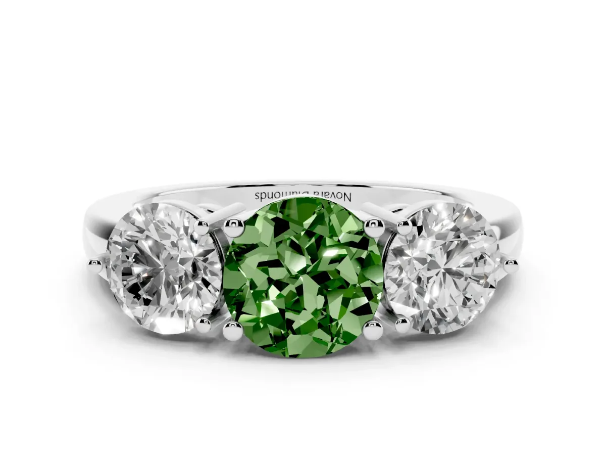 Fancy Green Round Cut Diamond Three-Stone Ring Set in Silver with Prong Setting and Plain Band