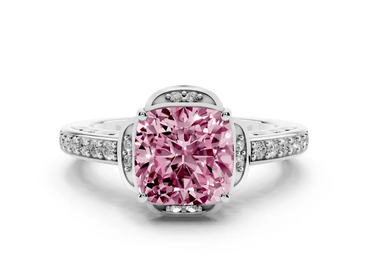 Fancy Pink Cushion Cut Diamond Halo Ring Set in Silver with Channel Set Band and Prong Setting