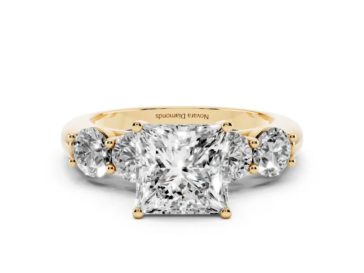 Princess Cut Diamond Five-Stone Prong Set Ring Set in Yellow gold with Classic Band