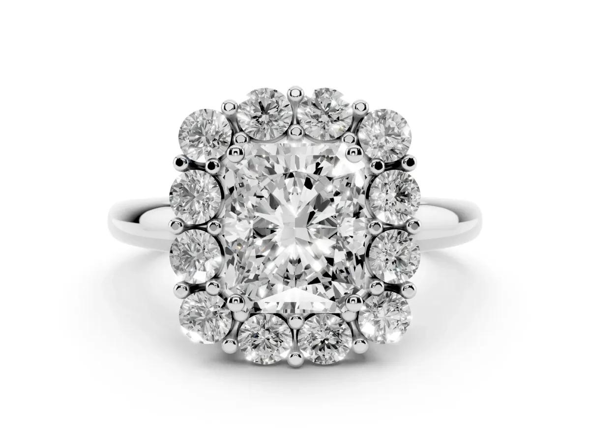 Radiant Cut Diamond Halo Cluster Engagement Ring Set in Platinum with Polished Band and Prong Setting