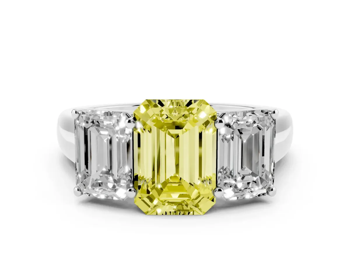 Fancy Yellow Emerald Cut Diamond Three-Stone Ring Set in Platinum with Plain Polished Band