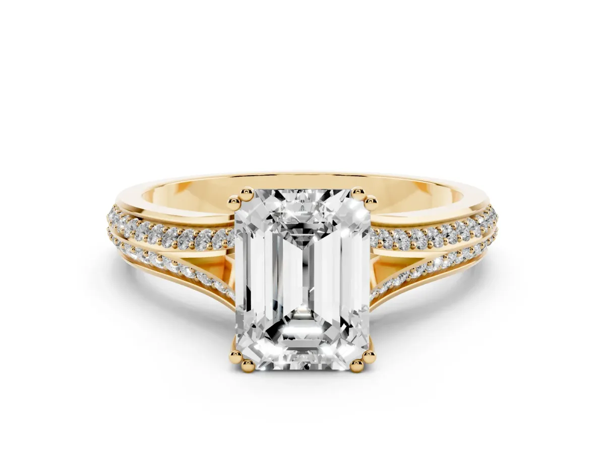 Emerald Cut Diamond Split Shank Pavé Engagement Ring Set in Yellow gold with Prong-Set Center Stone