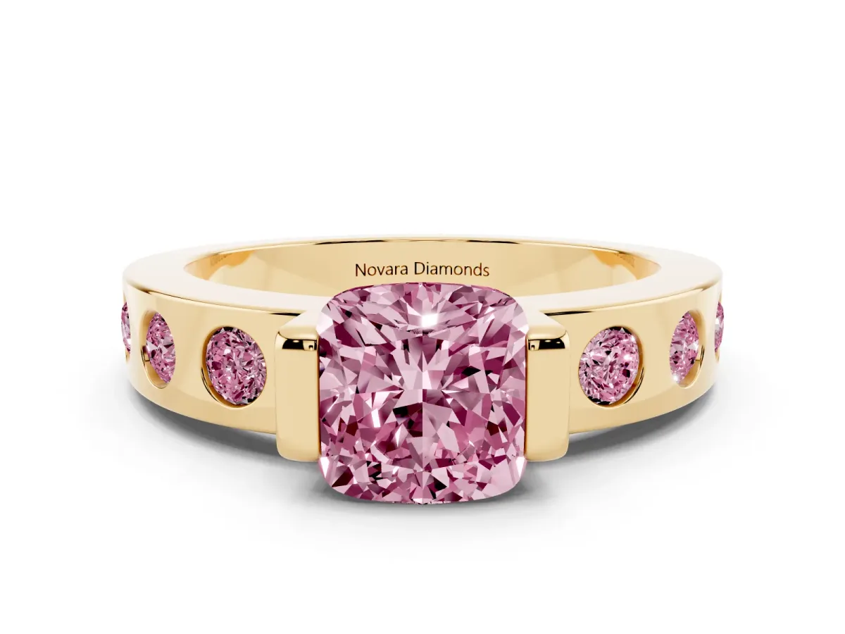 Fancy Pink Cushion Cut Diamond Channel-Set Band Ring Set in Yellow gold with Bezel Prong Setting