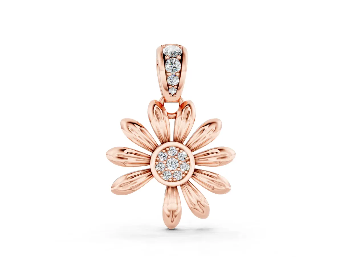 Round Diamond Daisy Flower Pendant Set in Rose gold with Pavé Petal Accents