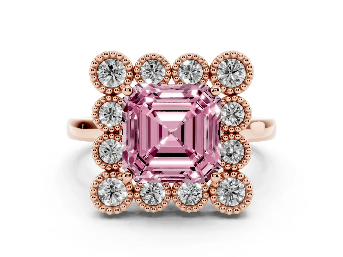 Fancy Pink Asscher Cut Diamond Cluster Halo Ring Set in Rose gold with Milgrain Bezel Accents and Plain Band